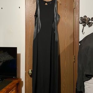 straight stretchy black dress with leather accents